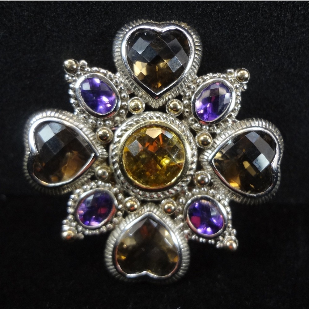 Vintage Judith Ripka Brooch Silver Gold Citrine Excellent Heart Sterling